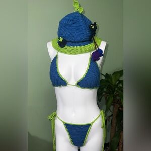 Handmade Crochet Blueberry Hat & Bikini Set - Blue Fruit Aesthetic